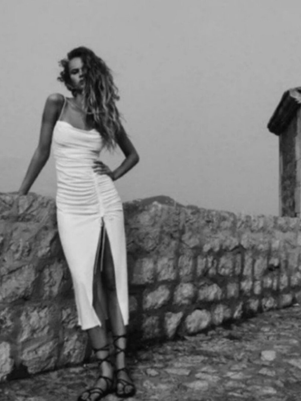 Zara White Ruched Slip Midi Dress with Side Slit. Sz S. Draped Dress.